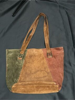 Brown Red and Green Suede Handbag Purse